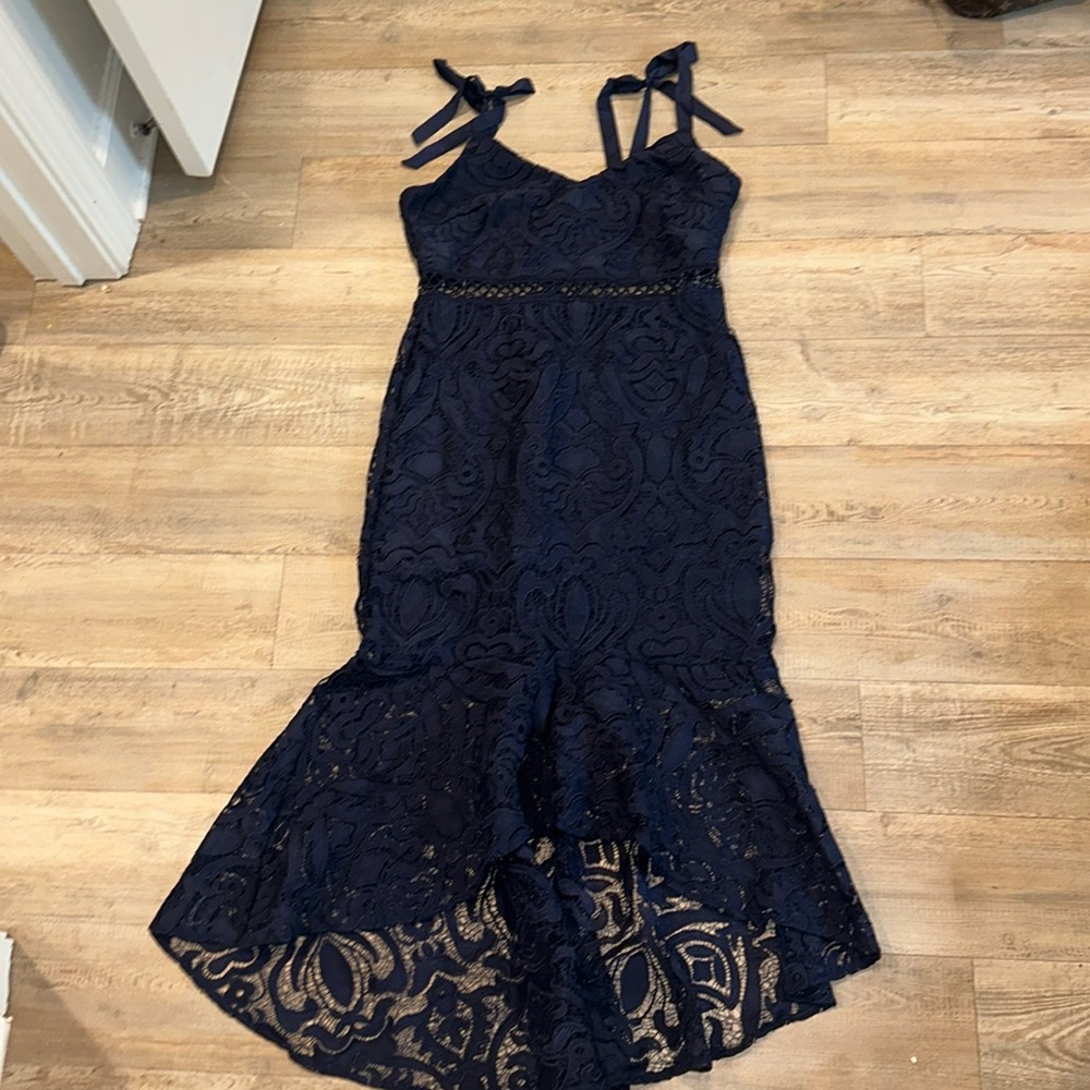 Lulu’s Won Your Heart embroidered lace dress in navy